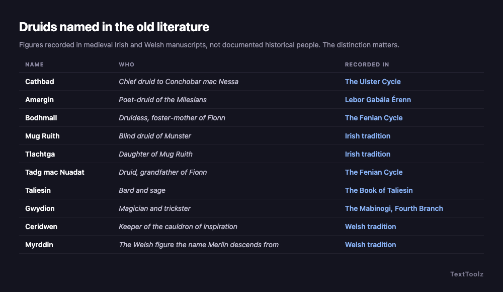 Ten druids named in medieval Irish and Welsh literature with the text each is recorded in, including Cathbad in the Ulster Cycle and Gwydion in the Fourth Branch of the Mabinogi