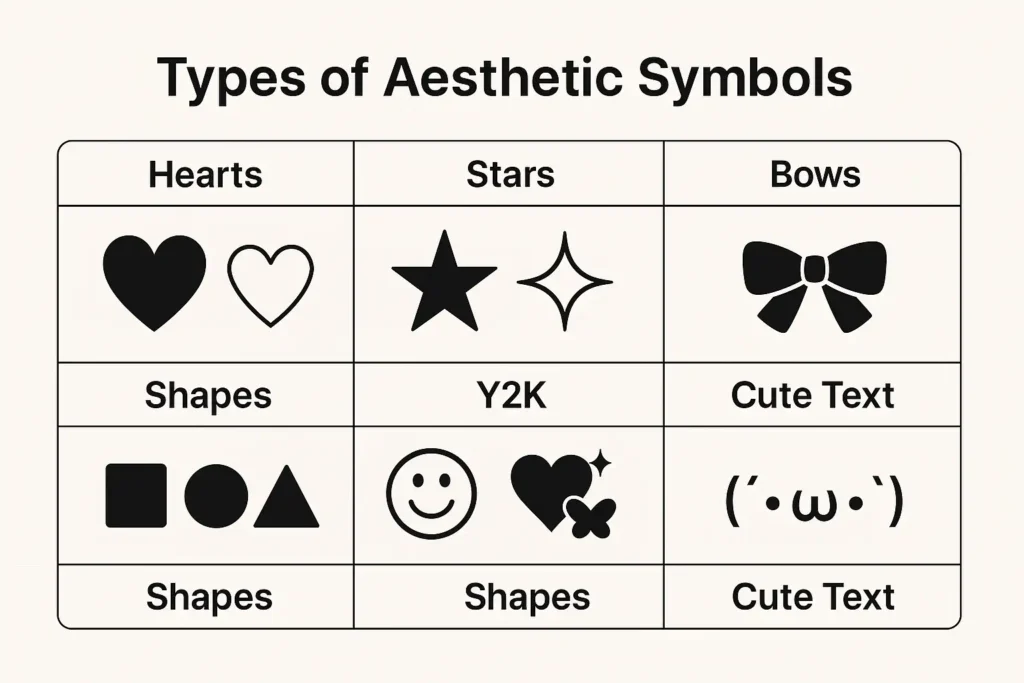 types of aesthetic symbols heart stars bows