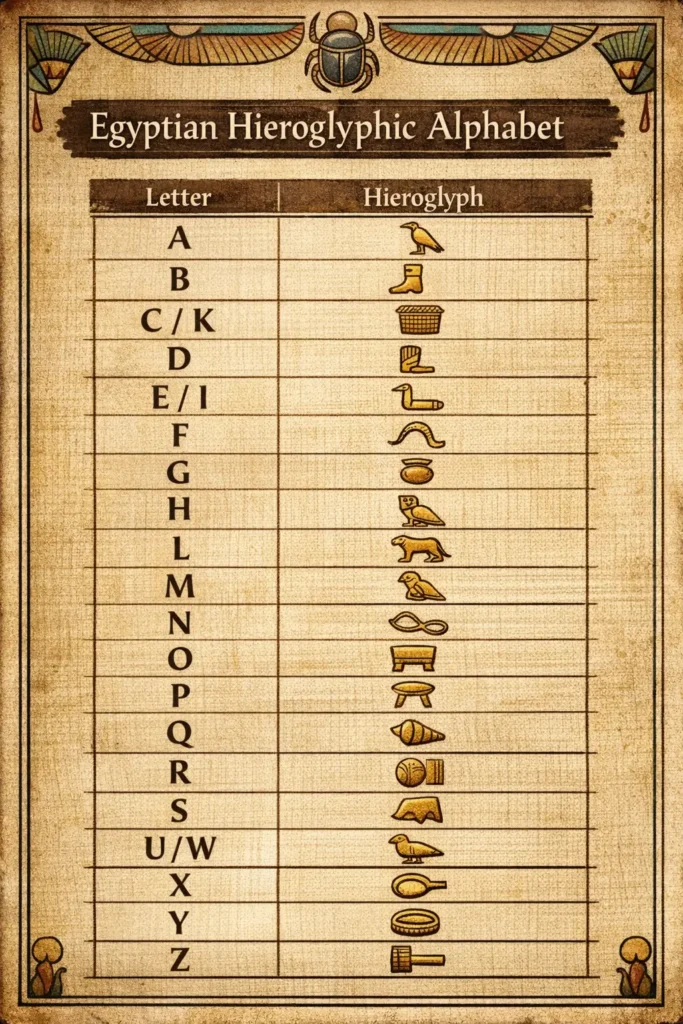 Egyptian Hieroglyphic Alphabet chart